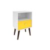 Manhattan Comfort Liberty Mid-Century Modern Nightstand 1.0 with 1 Cubby Space and 1 Drawer in White and Yellow with Solid Wood Legs